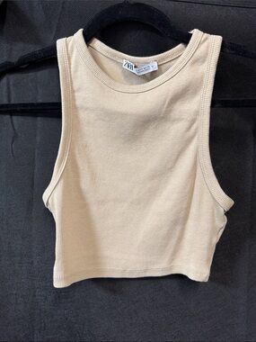 Zara Ribbed Cropped Tank Top in Light Beige
